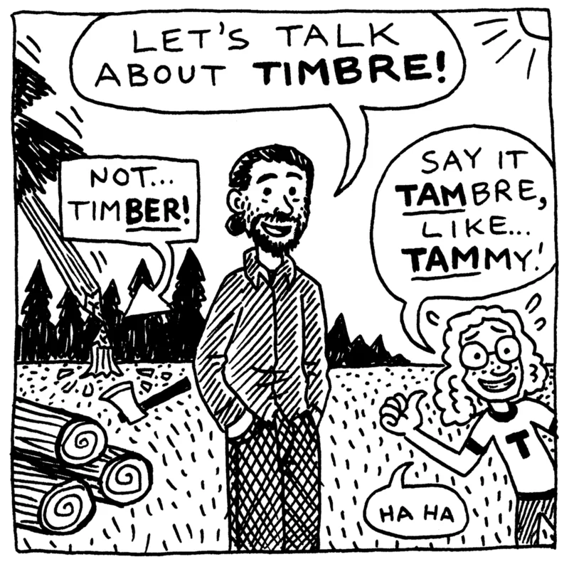 Sudara stands in a field as a tree is being chopped down behind him; logs and an axe sit in the foreground. A curly-haired kid in a ‘T’ shirt gives a thumbs up. Sudara: ‘Let's talk about TIMBRE!’ Narration box: ‘Not… TIMBER!’ Kid: ‘Say it TAMBRE, like… TAMMY!’ (ha ha)